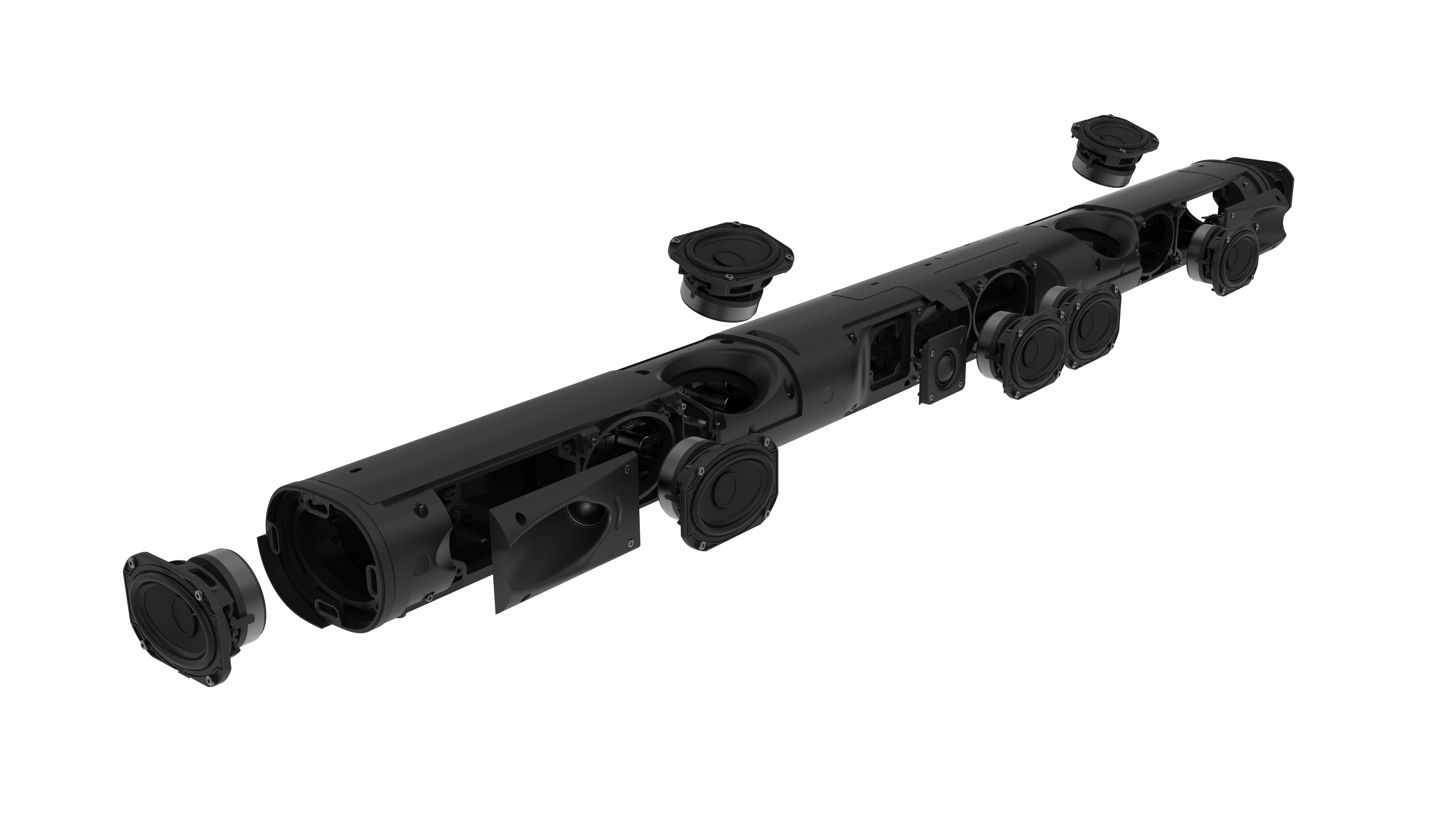 Explosionsansicht einer schwarzen Soundbar mit Lautsprechern und Innenkomponenten auf weißem Grund.