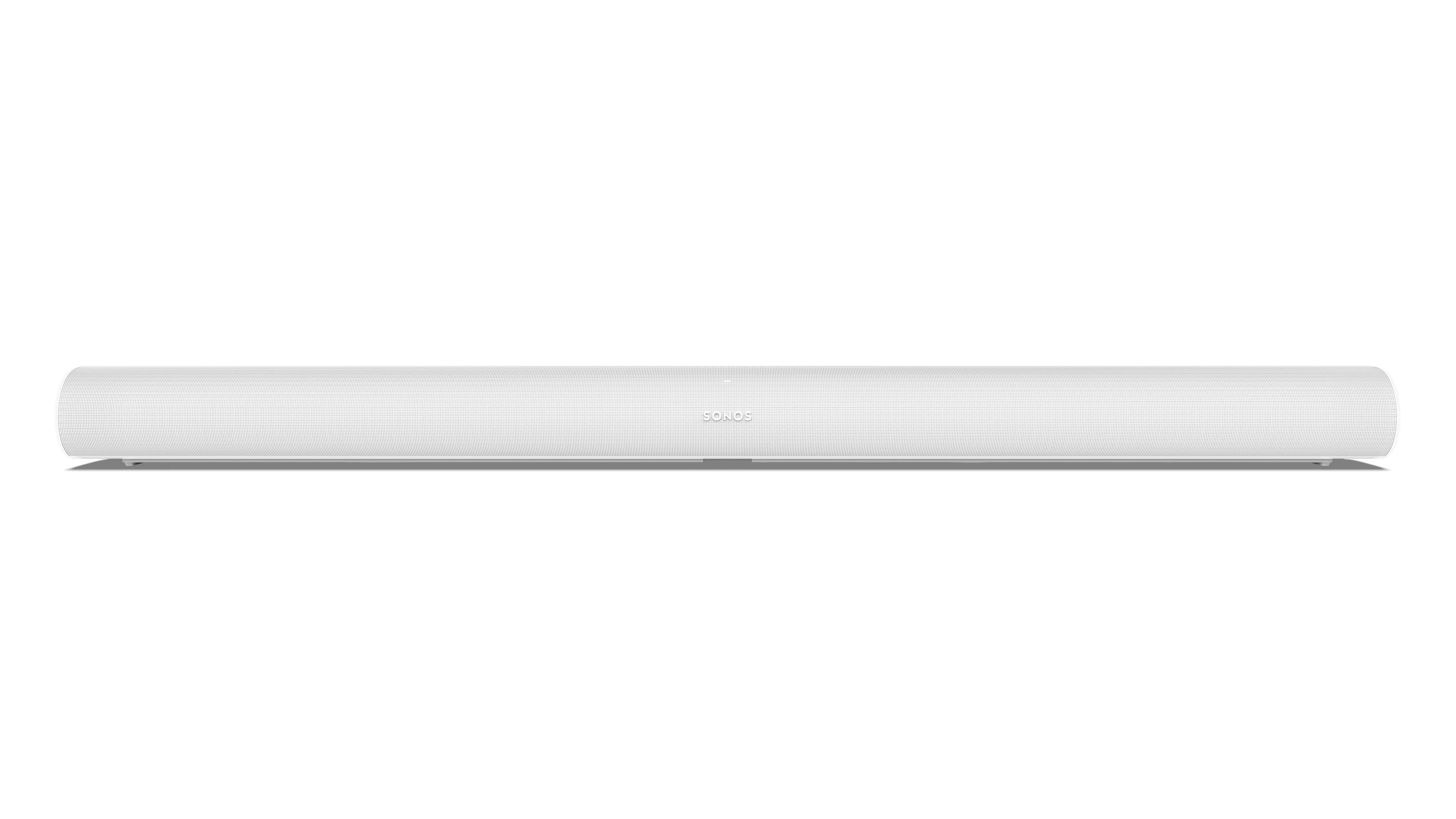 Eine weiße Soundbar mit dem Wort Sonos darauf, auf weißem Hintergrund, horizontale Ansicht.