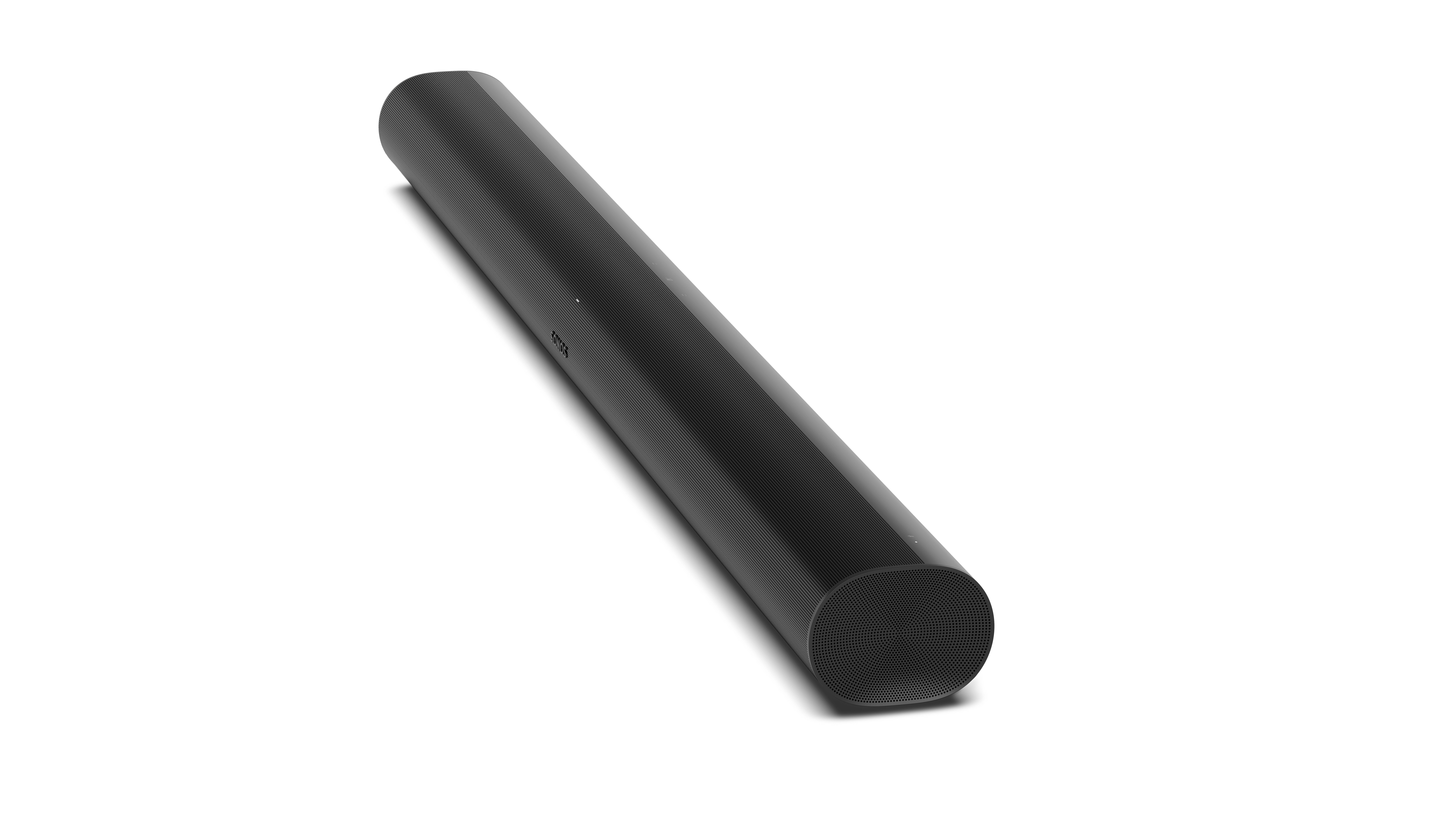 Eine schwarze Soundbar auf weißem Hintergrund.