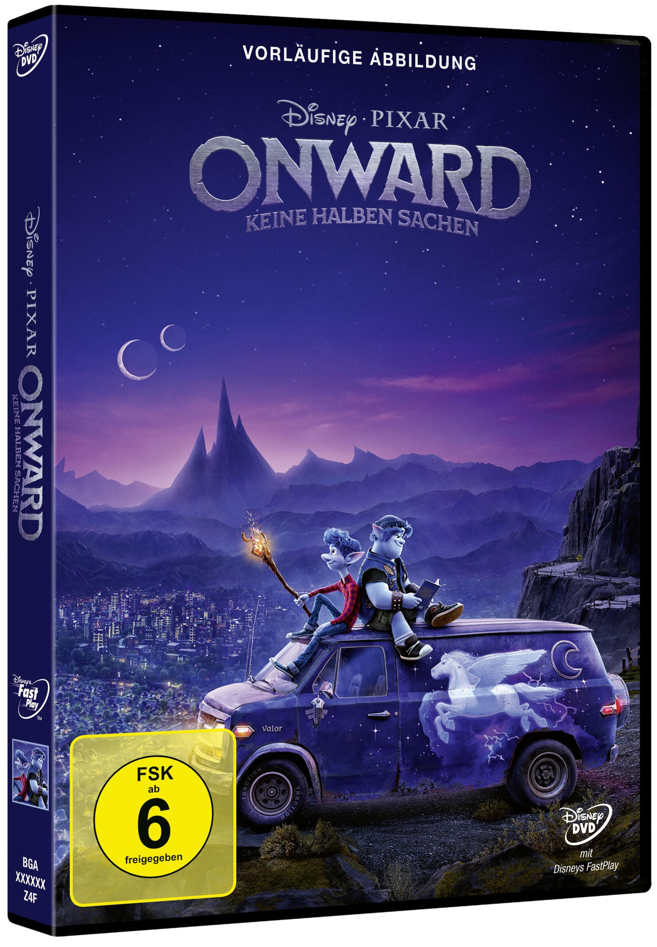 DVD-Hülle für den Film Onward. Das Cover zeigt zwei Charaktere auf einem Van und eine Stadtlandschaft.