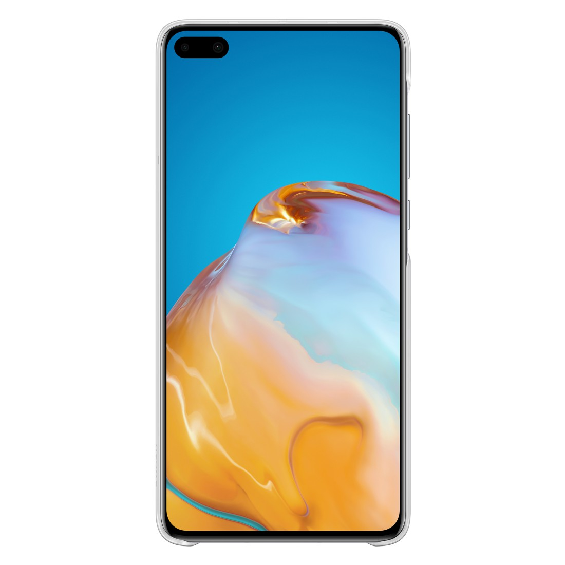 Smartphone mit blauem und orangefarbenem Bildschirm, weißer Hintergrund.