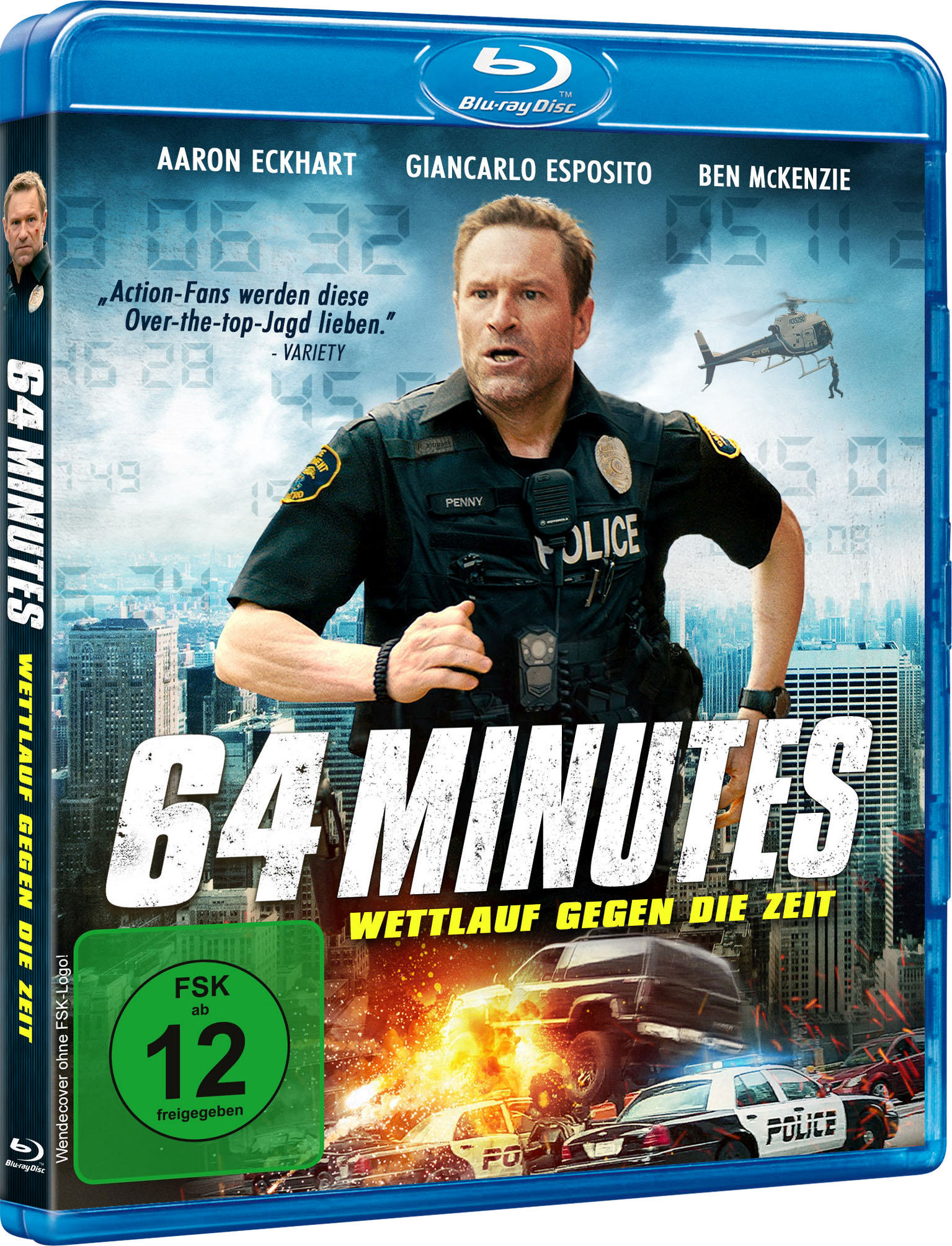 Blu-ray-Cover für „64 Minuten“. Zeigt einen Mann in Polizeiuniform, einen Hubschrauber und eine Verfolgungsjagd.