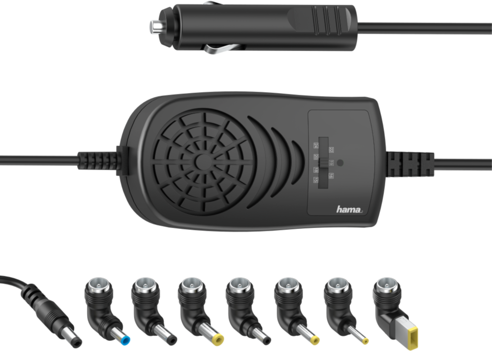 Adaptateur secteur Hama noir avec plusieurs têtes de connecteur. Câble noir et fond blanc.