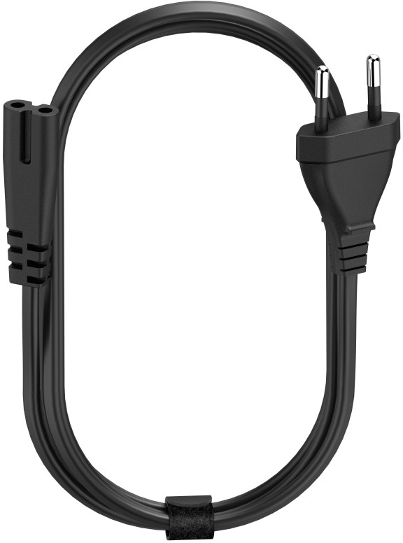 Zwarte stroomkabel met een tweepolige stekker en een connector.