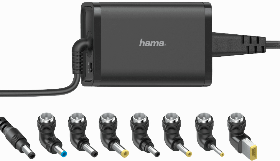 Een zwarte oplader met verschillende adapterkoppen. De merknaam 'hama' is zichtbaar.