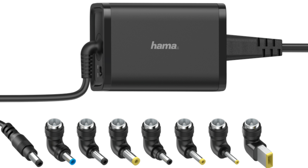 Adaptateur secteur pour ordinateur portable Hama noir avec plusieurs embouts.