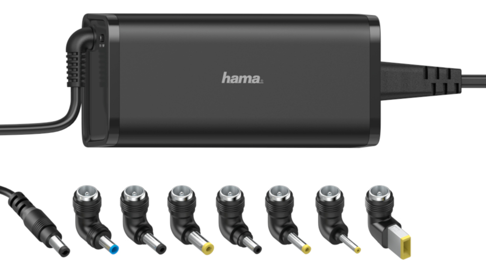Zwarte voedingsadapter met meerdere connectortips. De adapter heeft een 'hama'-logo. Connectoren zijn gehoekt en zwart.