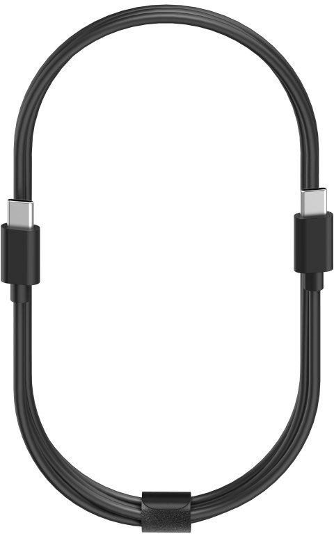 Câble de charge USB-C noir. Le câble est en forme ovale. Connecteurs aux deux extrémités.