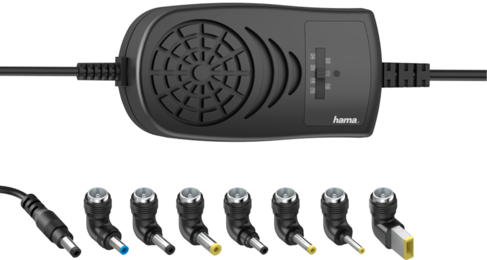 Un adaptateur secteur noir avec plusieurs prises de charge, avec le logo Hama, sur fond blanc.