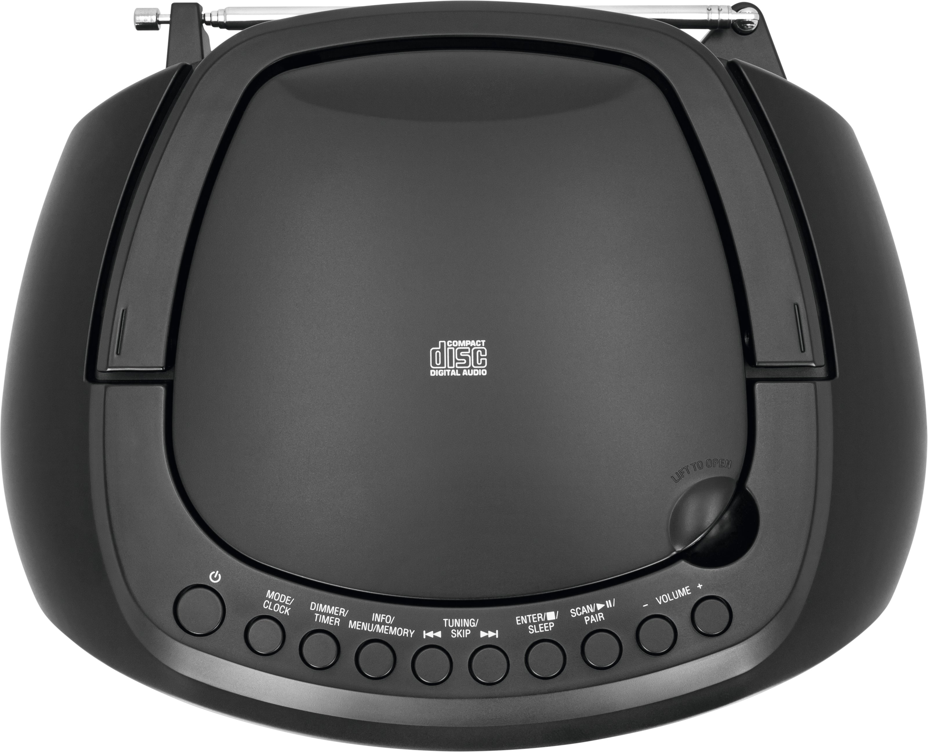 Ein schwarzer CD-Player mit Knöpfen, einer Radioantenne und einem 'Compact Disc'-Logo.
