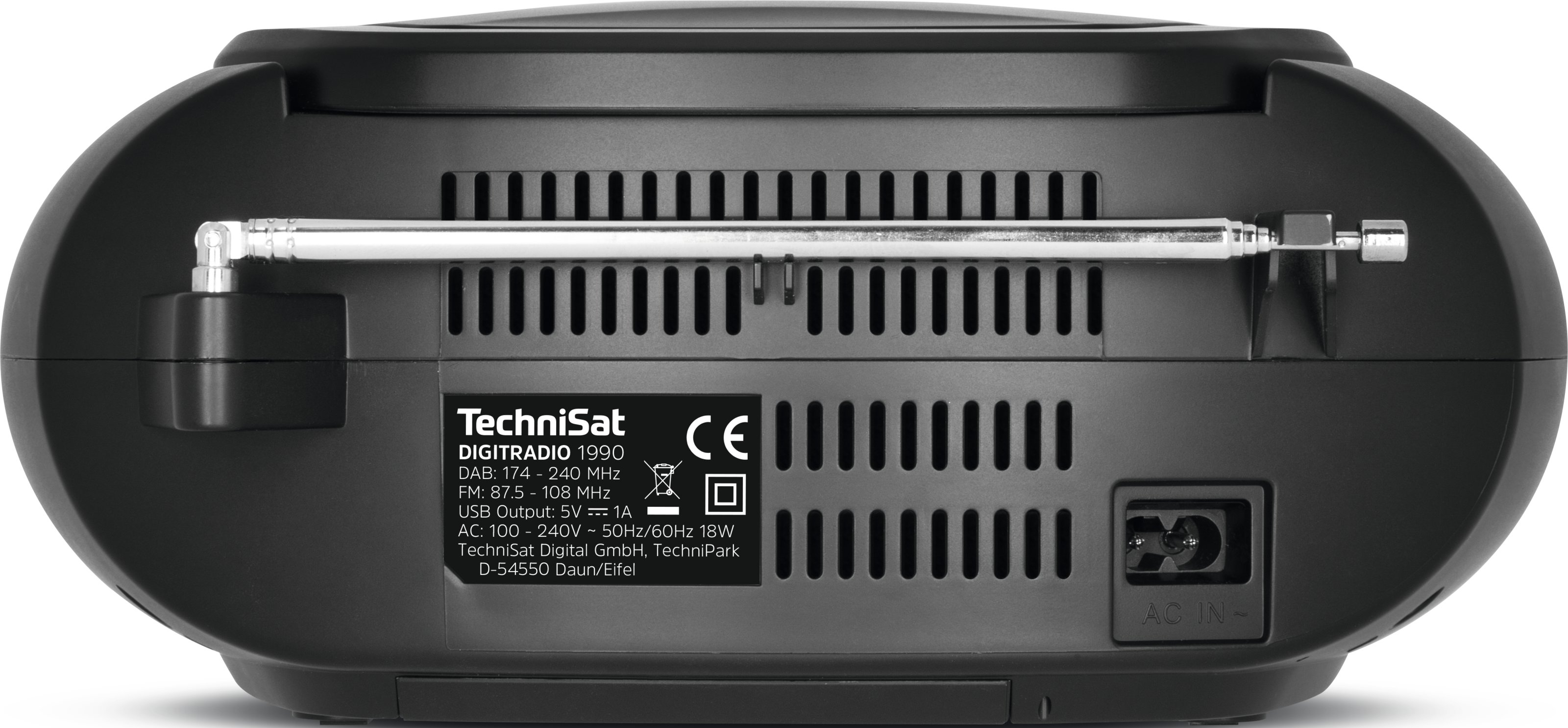 Ein schwarzes TechniSat Digitradio 1990 Radio. Es hat eine Antenne, Lüftungsschlitze und ein Etikett mit Spezifikationen.