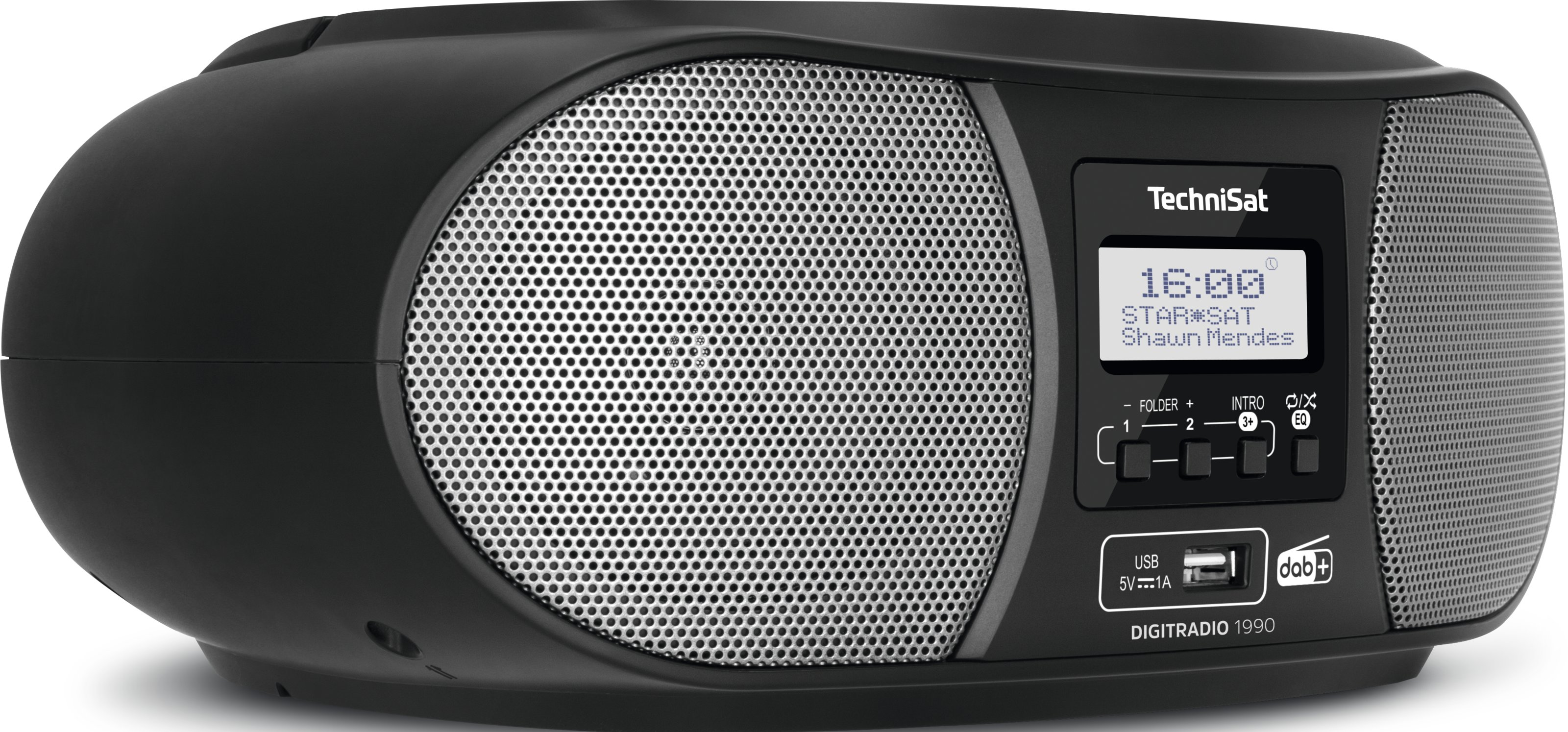 Ein schwarzes TechniSat Digitradio 1990. Es hat ein Display mit Uhrzeit und Musikdetails. Lautsprecher sind an den Seiten.