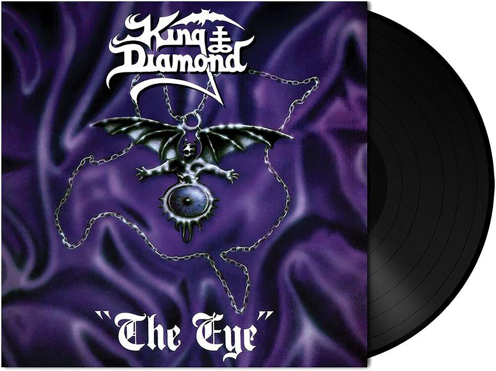 Vinyl lemez album: King Diamond, 'The Eye'. Egy fekete vinyl és album borító démonnal és ékszerrel.