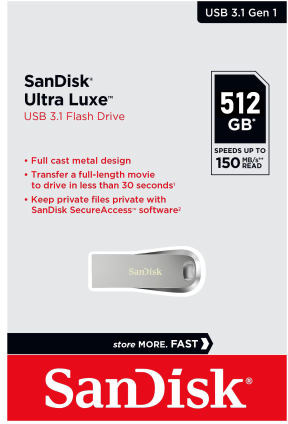Clé USB SanDisk Ultra Luxe dans un emballage argenté. Texte et logo visibles.