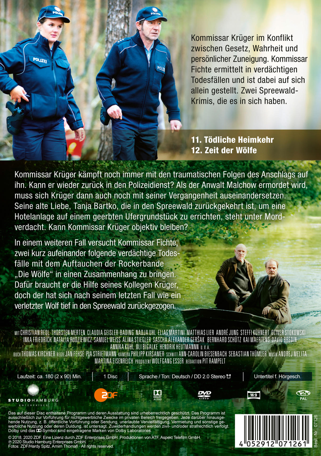 DVD-Cover mit Text. Zwei Polizisten in blauen Uniformen. Titel: "11. Tödliche Heimkehr, 12. Zeit der Wölfe"