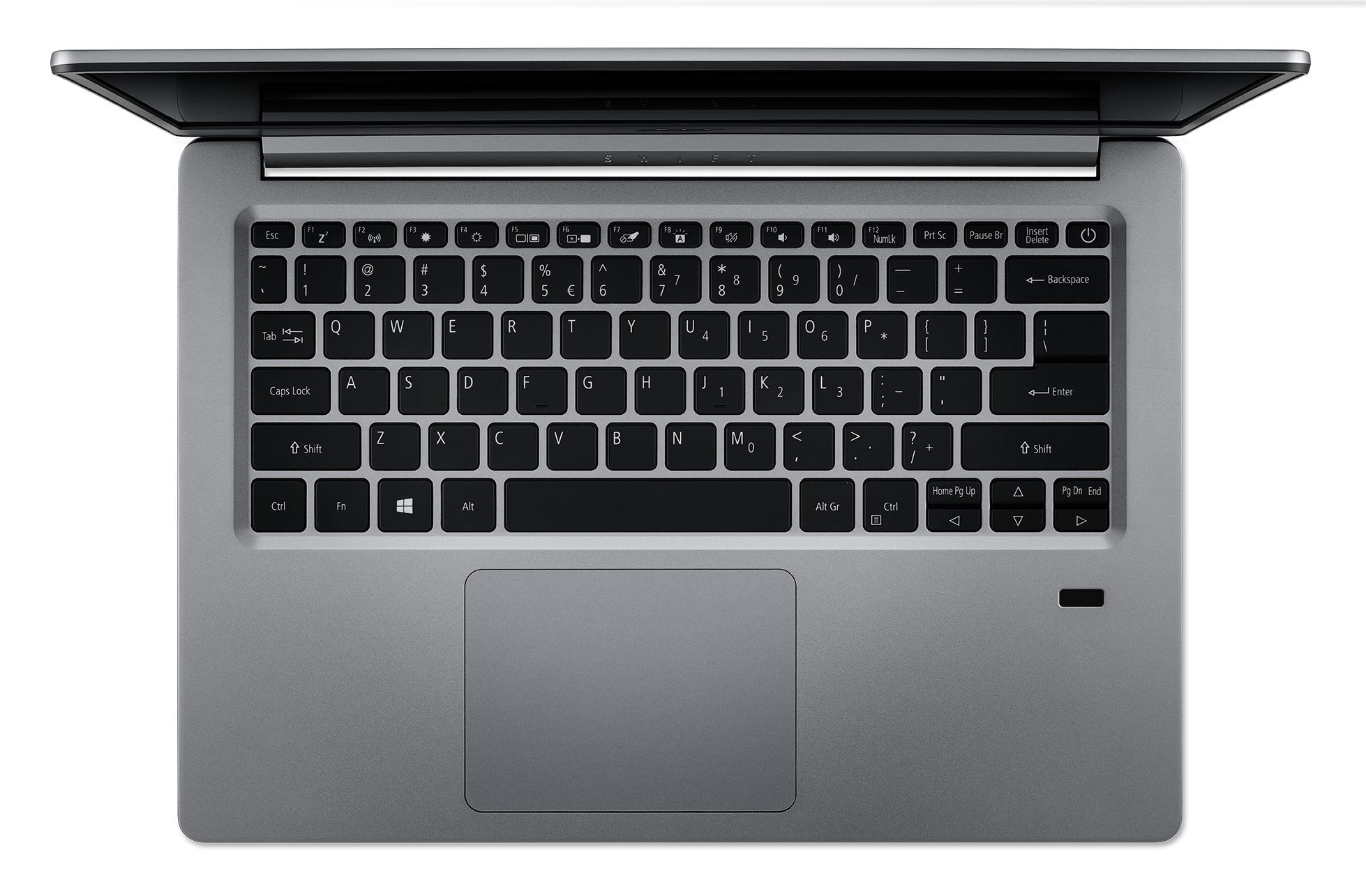 Laptop klavyesi, yukarıdan görünüm, gri bir yüzeyde. Arka plan siyahtır.