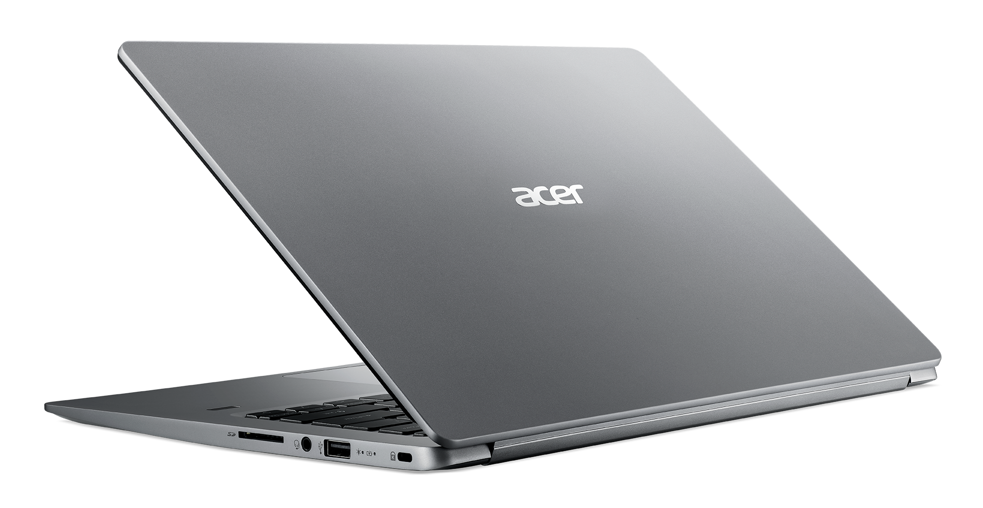 Gümüş Acer dizüstü bilgisayar, hafifçe açık. Üstte Acer logosu görünüyor.