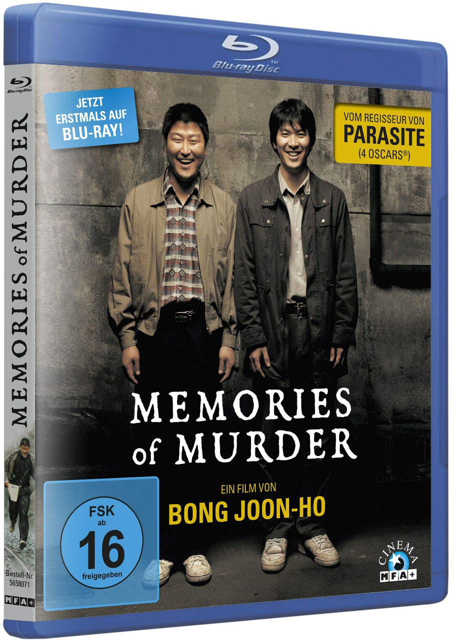 Blu-ray-Hülle des Films Memories of Murder, zwei Männer lächeln auf dem Cover.