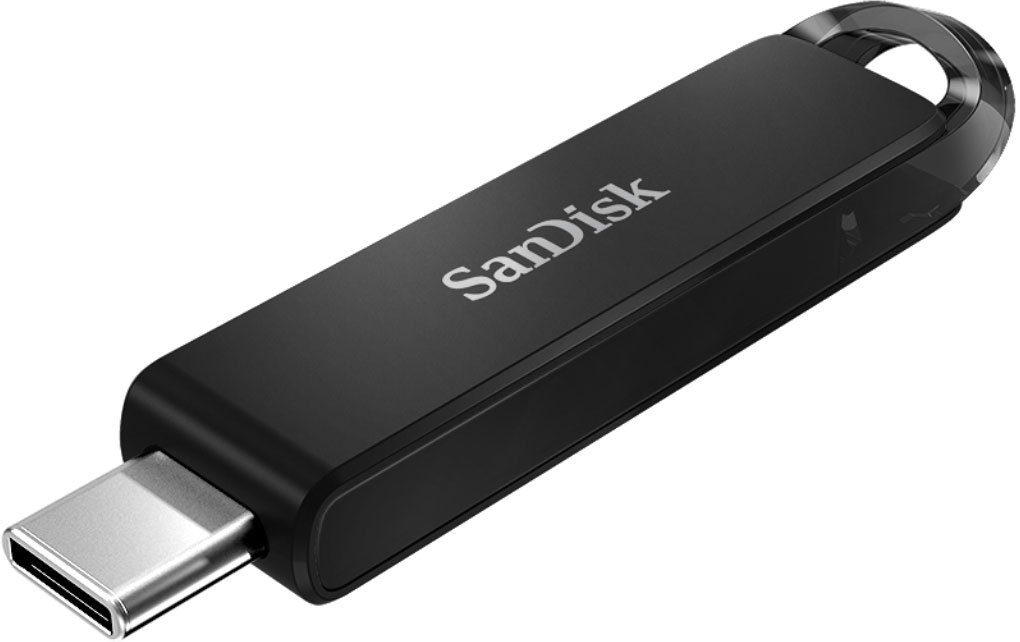 Black Sandisk USB-C flash drive.