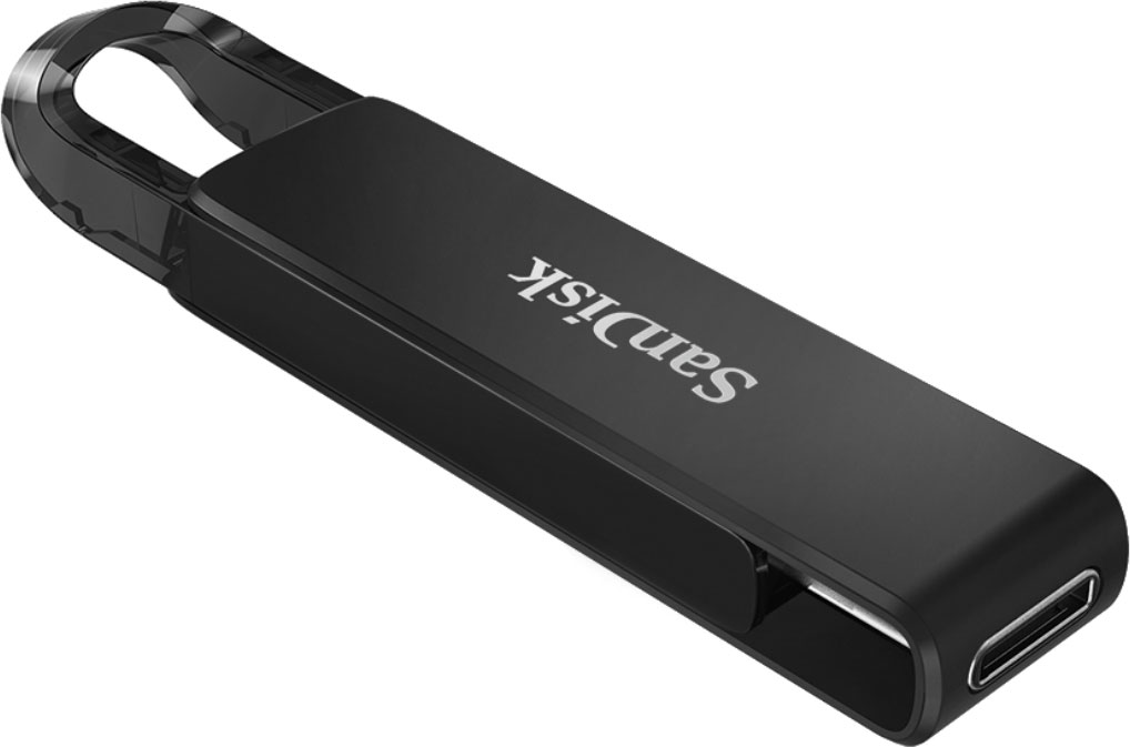 A black SanDisk USB drive with a curved handle. The SanDisk logo is printed on the device.