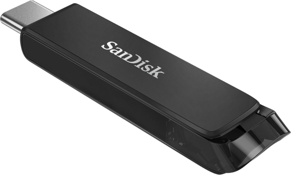 Black SanDisk USB drive with a silver USB-C connector. Angled view on white background.