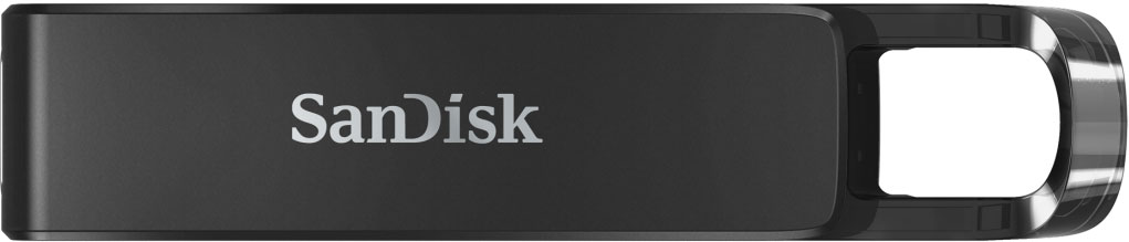 Black Sandisk USB drive. The Sandisk logo is prominently displayed on the side.