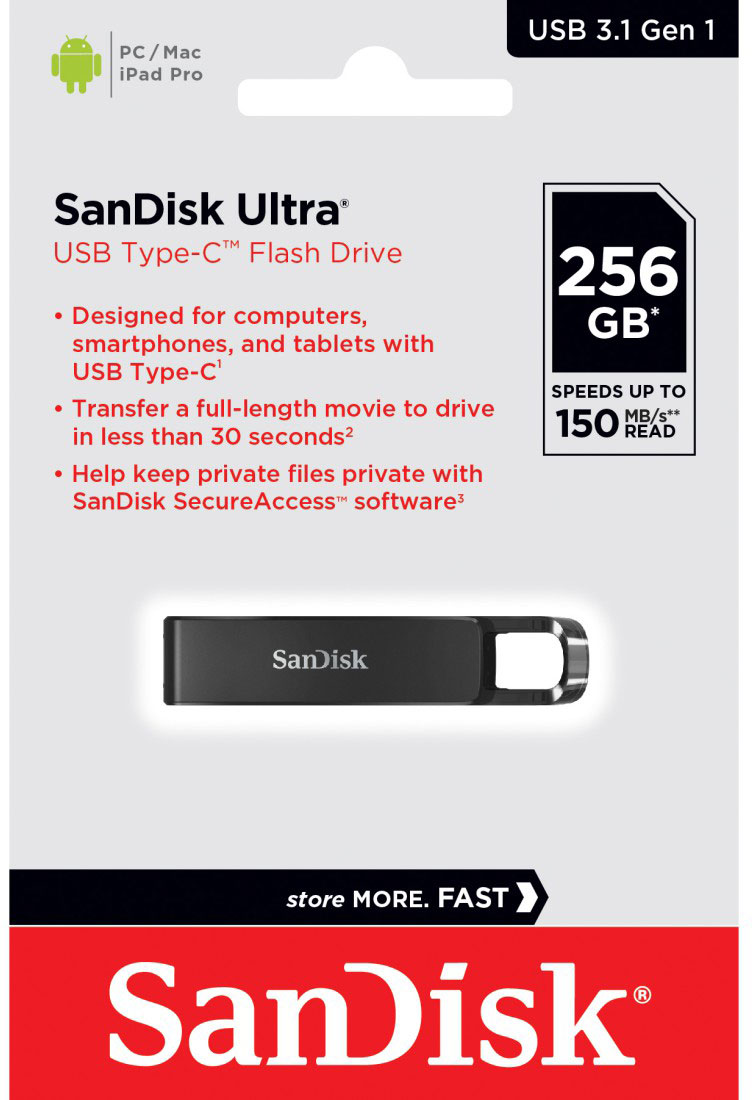 SanDisk USB flash drive in a package. The package shows product info and features.