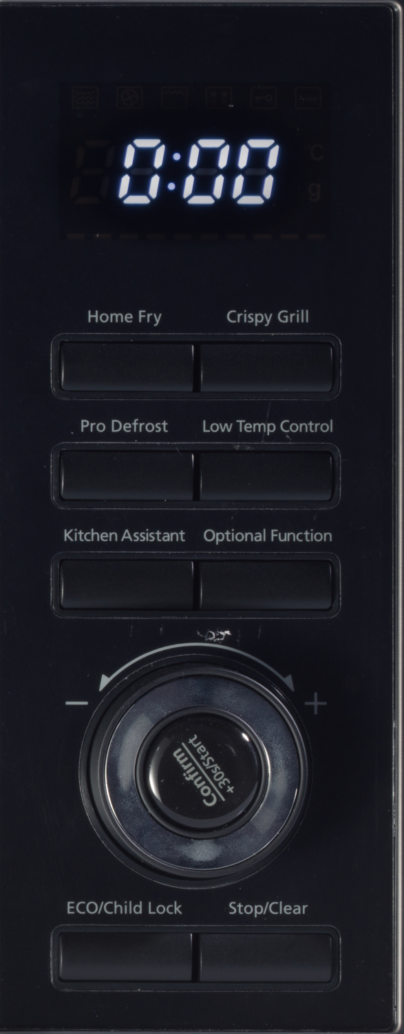 Microwave control panel with buttons and a digital display showing 0:00. Buttons include Home Fry and Crispy Grill.