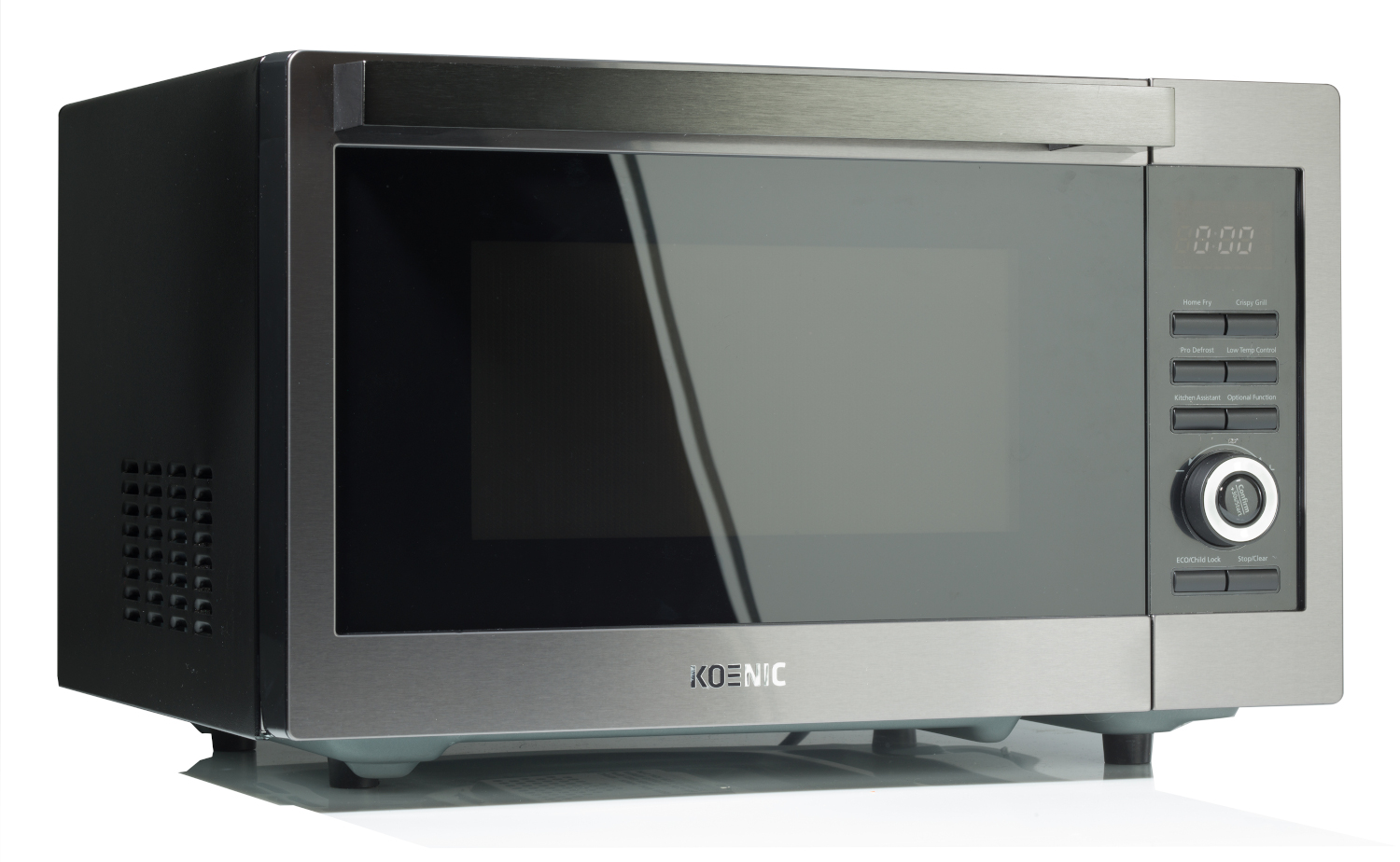 Silver and black Koenic microwave. It has a digital display and buttons for various functions.