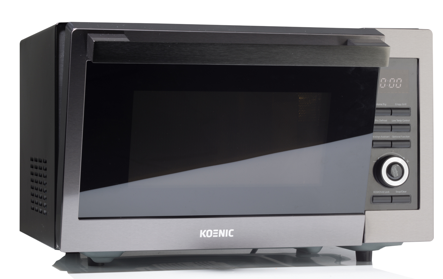 Koenic microwave oven, stainless steel and black finish. Digital display and controls.