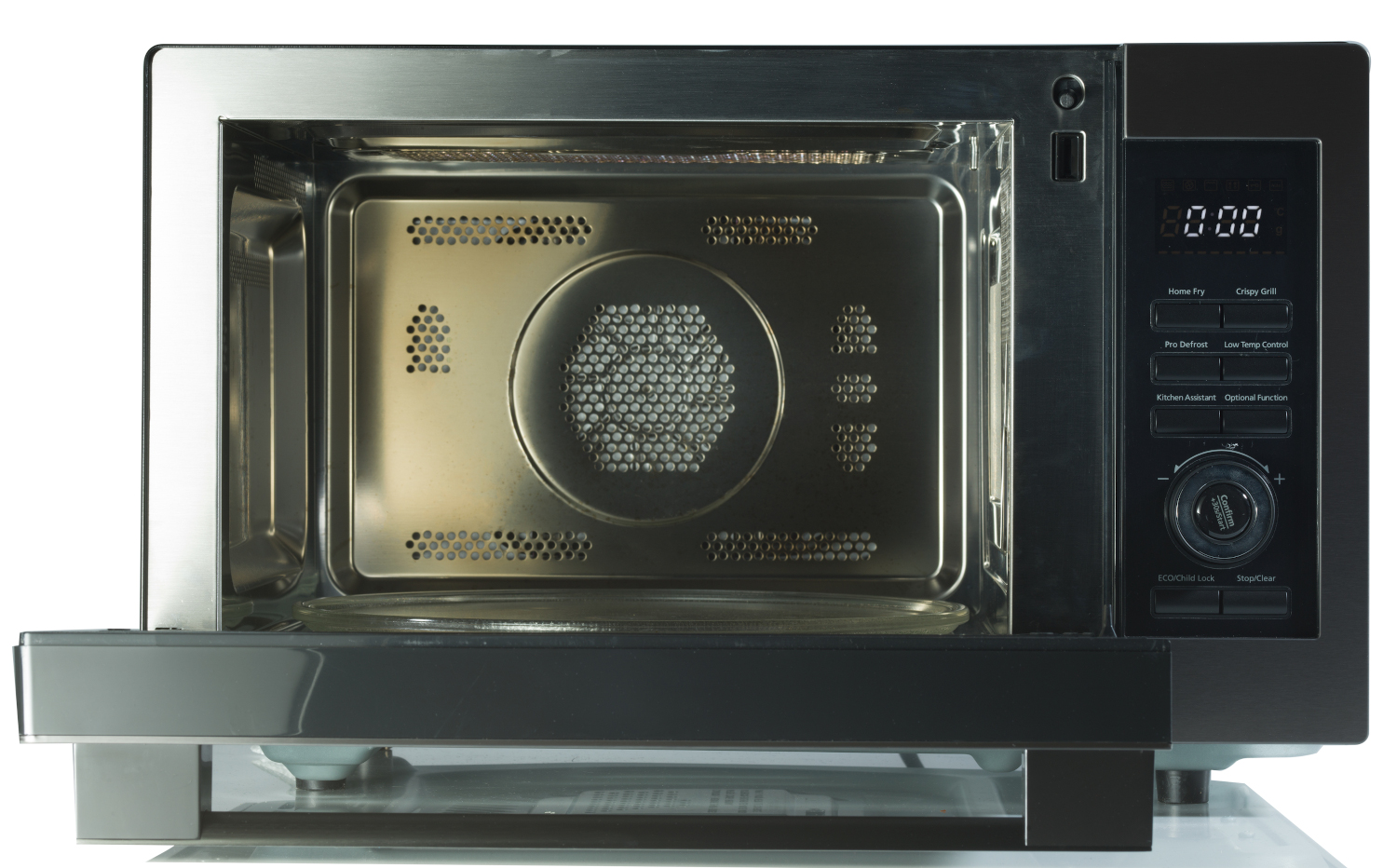 Open stainless steel microwave with control panel and display.
