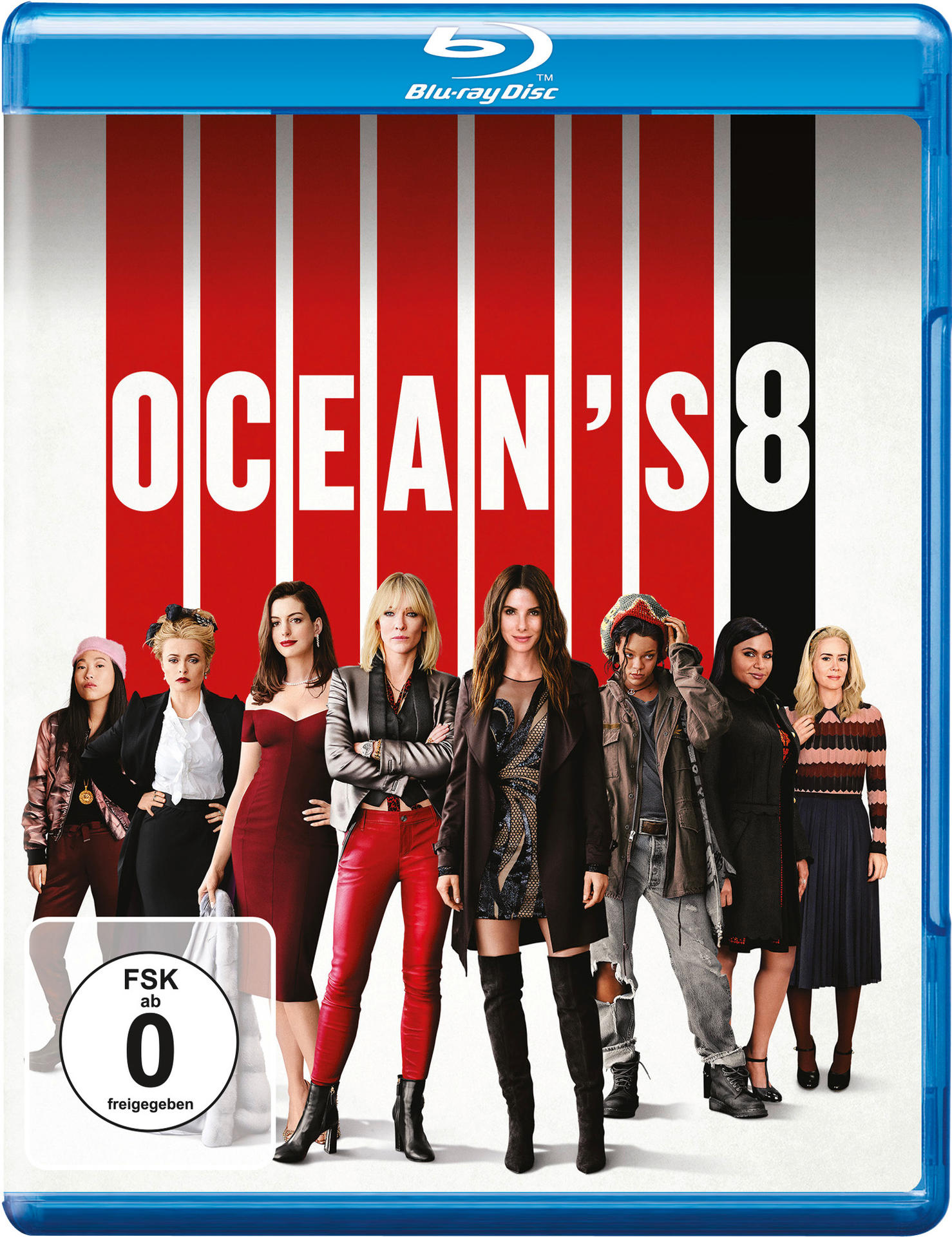 Blu-ray-Disc-Cover von Ocean's 8. Acht Frauen stehen gemeinsam in einer Reihe.