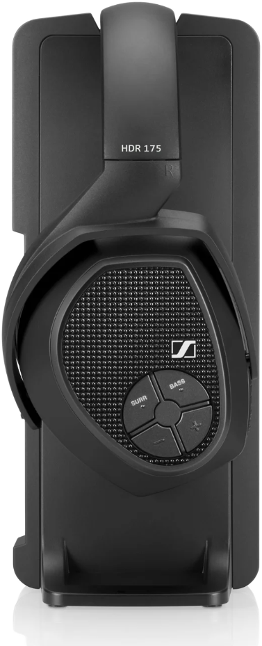 Fekete Sennheiser HDR 175 fejhallgató a töltőállványban, elölnézetben.