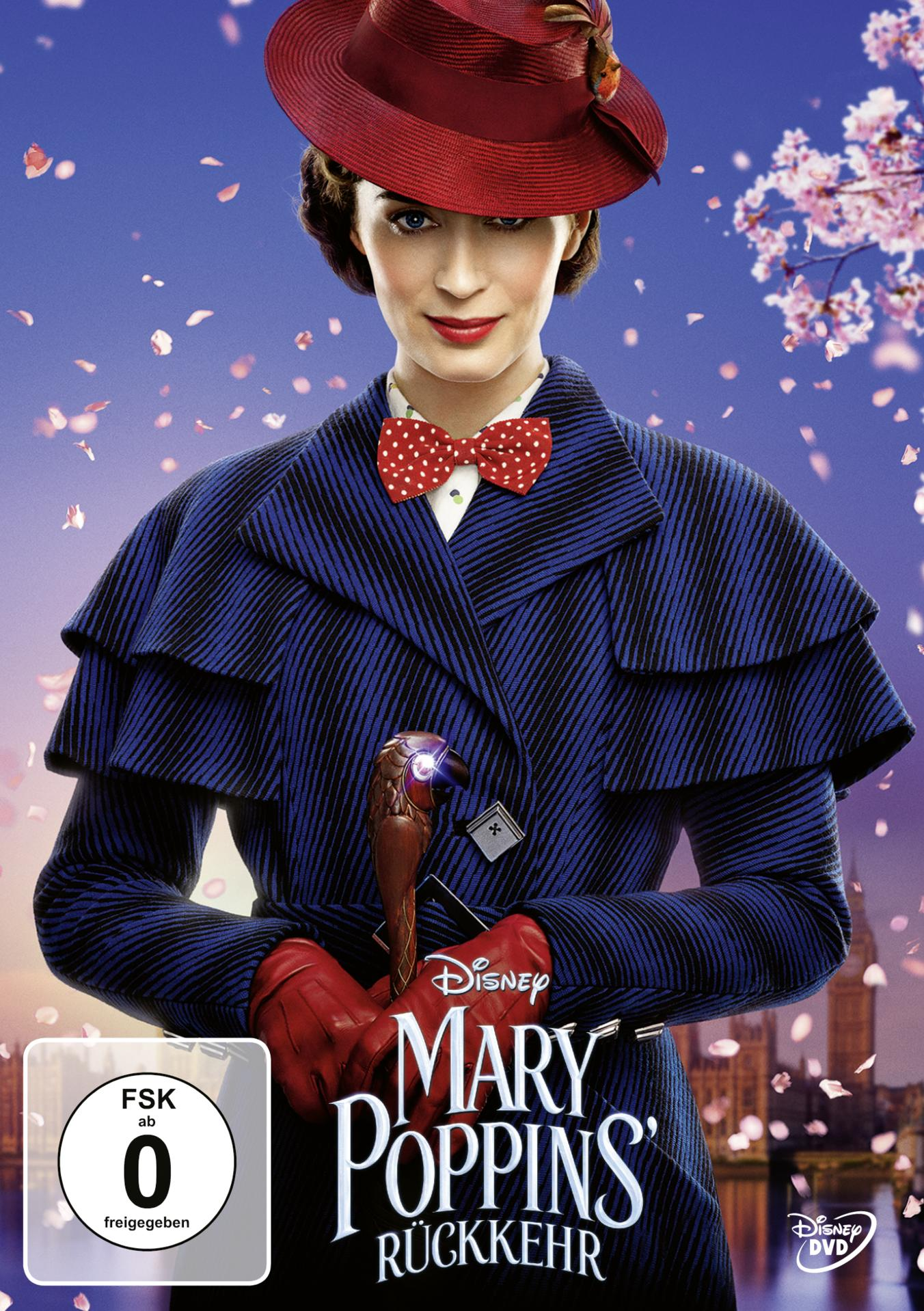 Filmposter von Mary Poppins' Rückkehr. Eine Frau in einem blauen Mantel und rotem Hut steht und hält einen Regenschirm.
