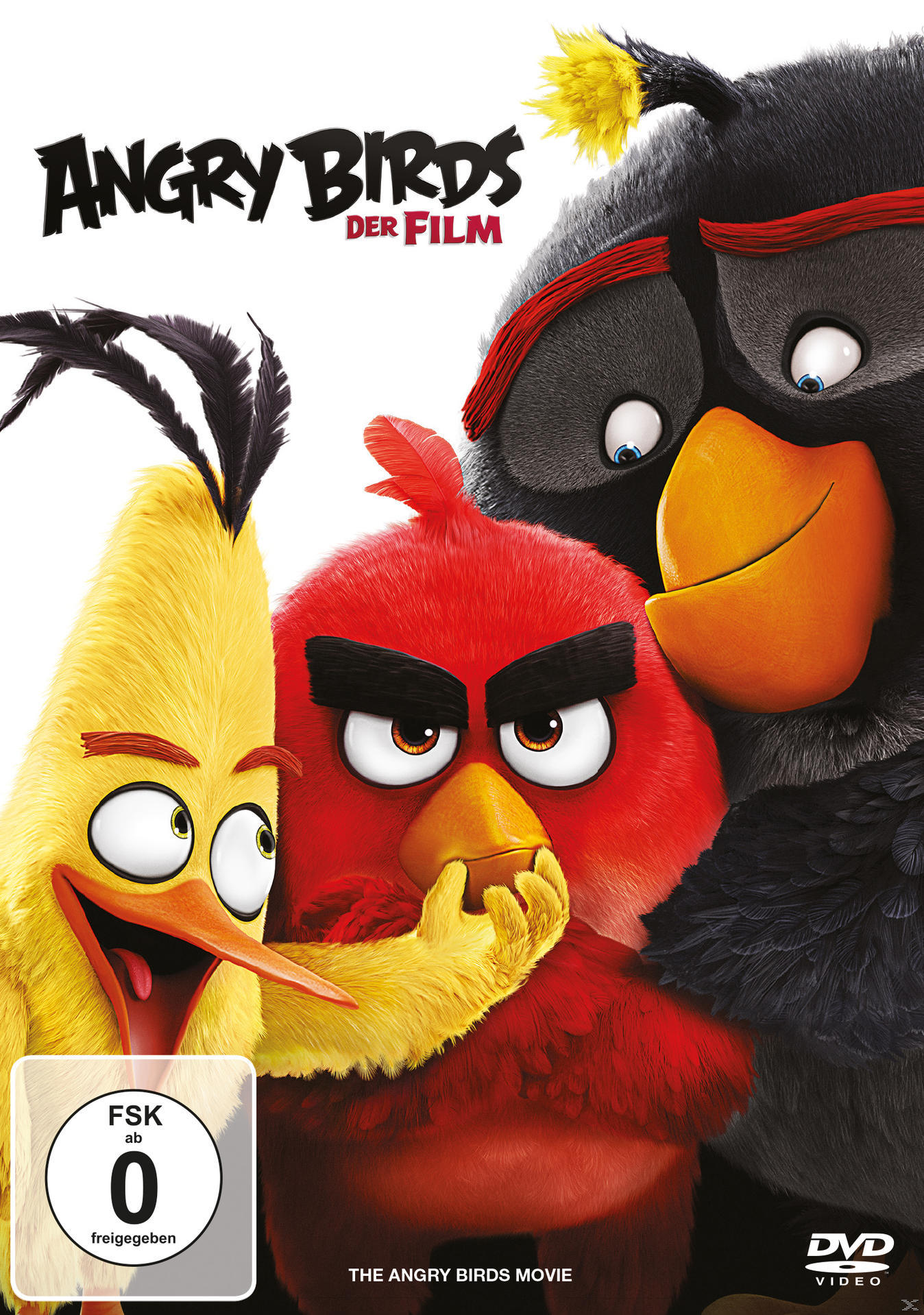 Angry Birds Film DVD-Cover. Drei Cartoon-Vögel, der rote im Zentrum. Filmtitel sichtbar.