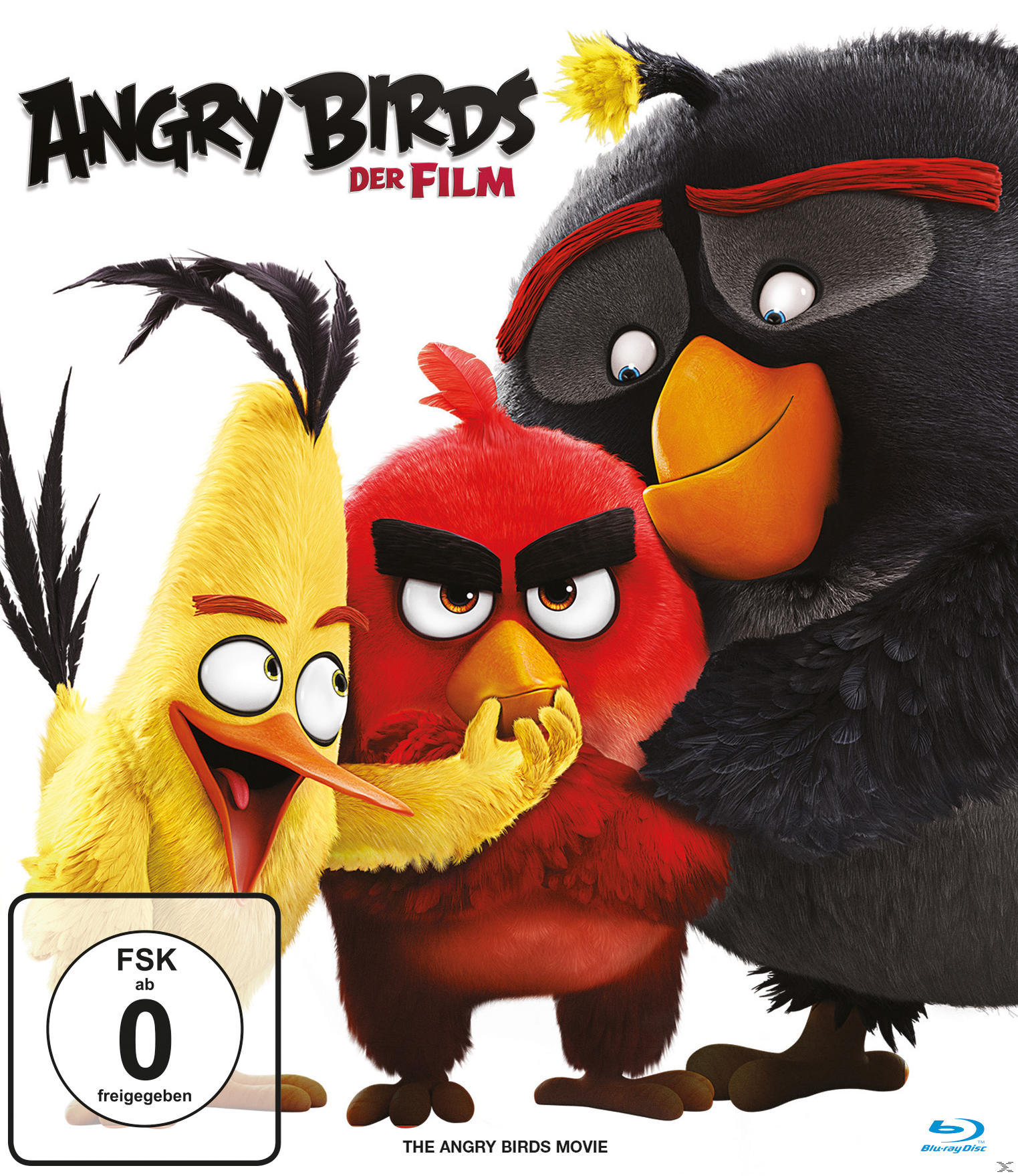 Drei Zeichentrickvögel auf einem Filmcover. Gelb, rot und schwarz. Angry Birds Titel oben.