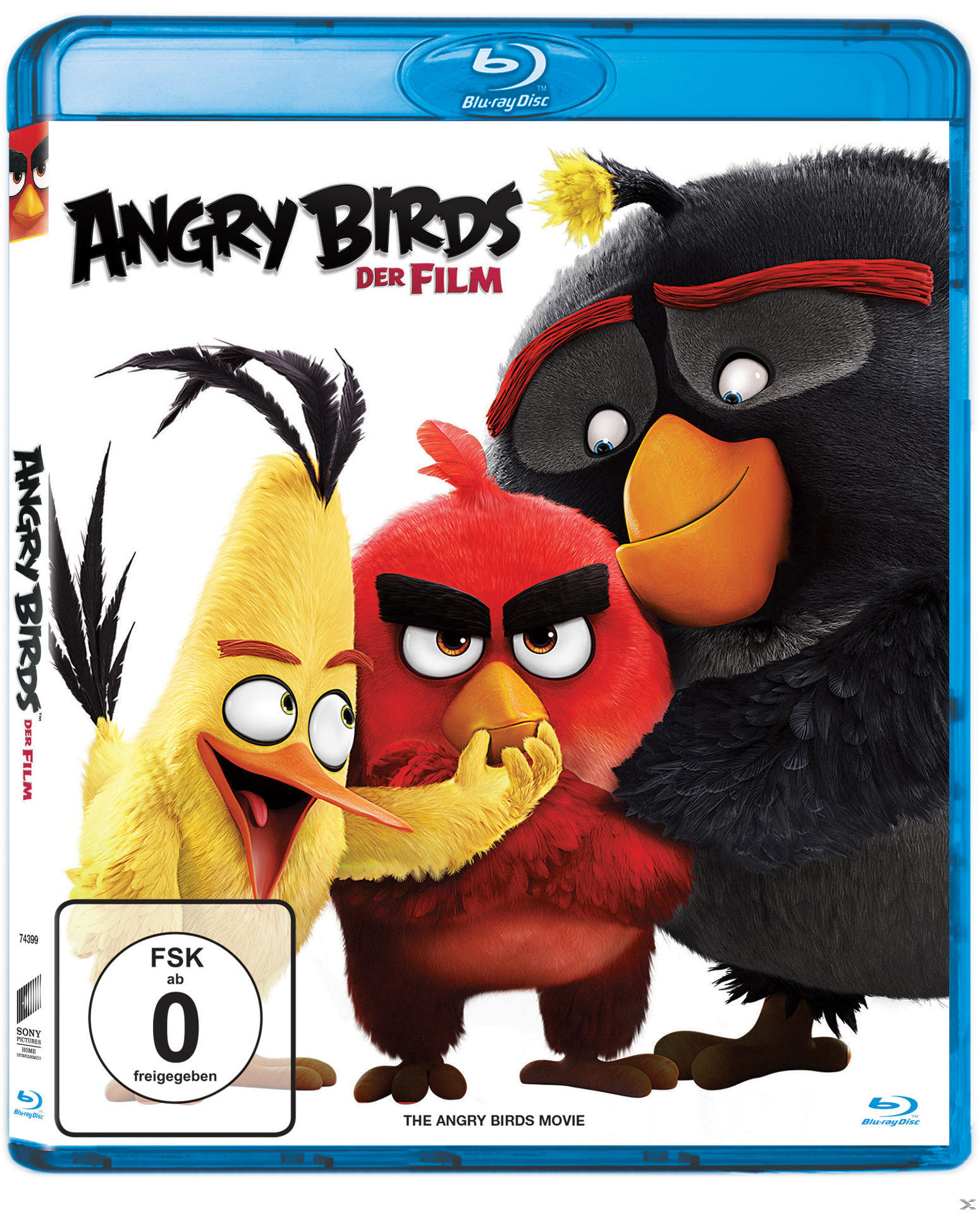 Angry Birds Film Blu-ray Disc-Cover. Mit Red, Yellow und Black Bird. Blaues Gehäuse.