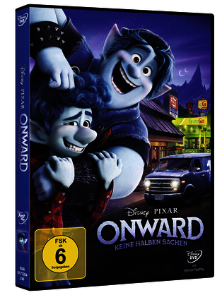 Onward DVD-Hülle mit zwei Zeichentrickfiguren, Hintergrund Wald und Filmtitel.