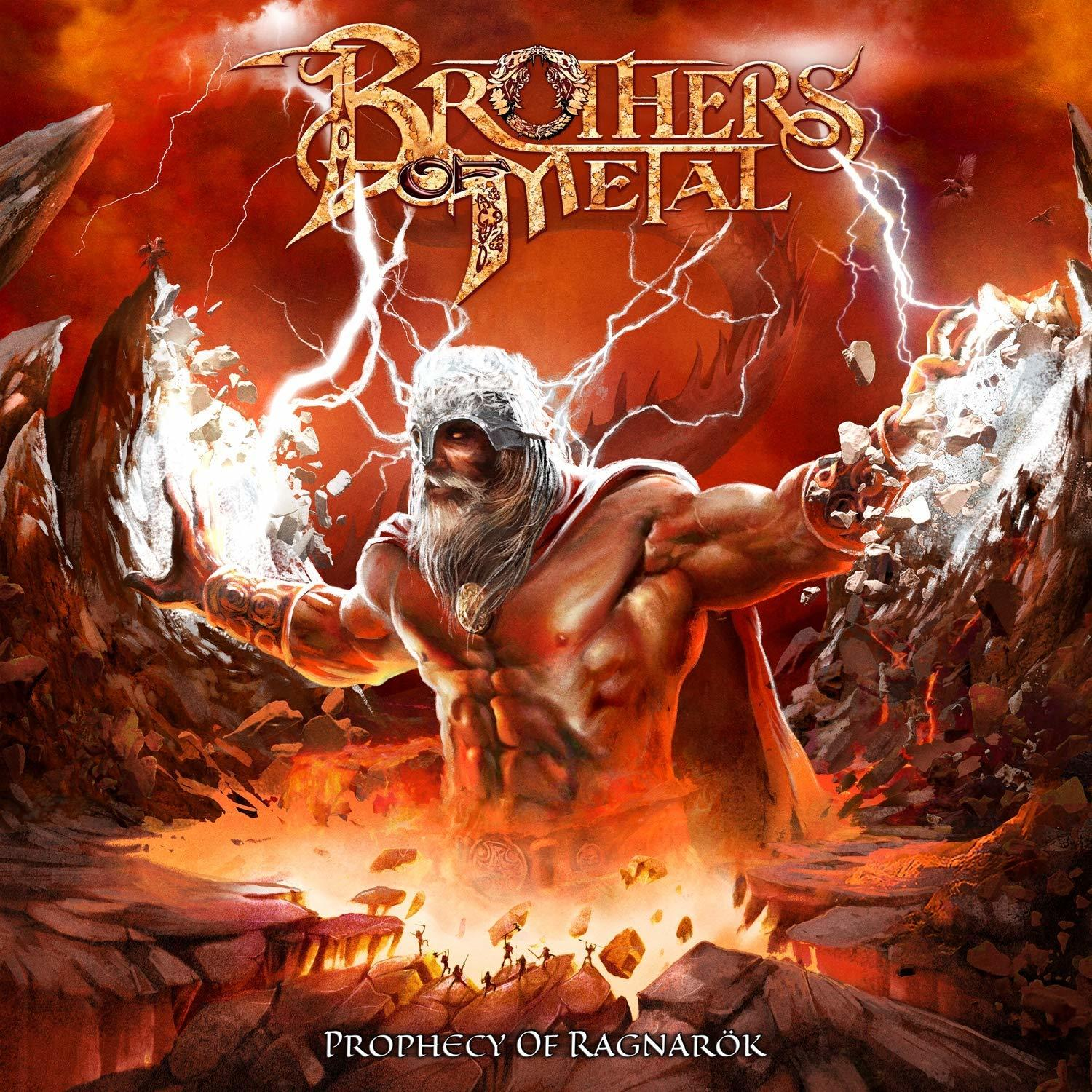 Egy izmos, sisakos férfi villámokat idéz. A háttér egy tüzes jelenet, a 'Brothers of Metal' felirattal.