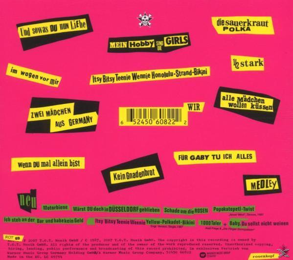 Ein rosa Albumcover mit verschiedenen Textetiketten und einem Barcode. Der Text ist auf Deutsch.