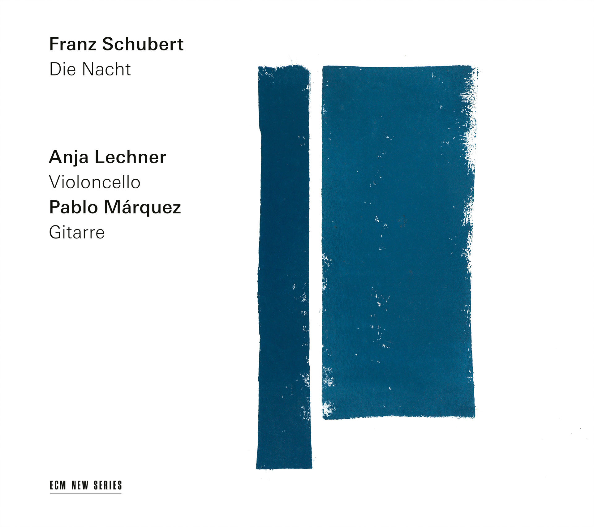Album borító kék téglalap alakzatokkal és szöveggel Franz Schubertről.