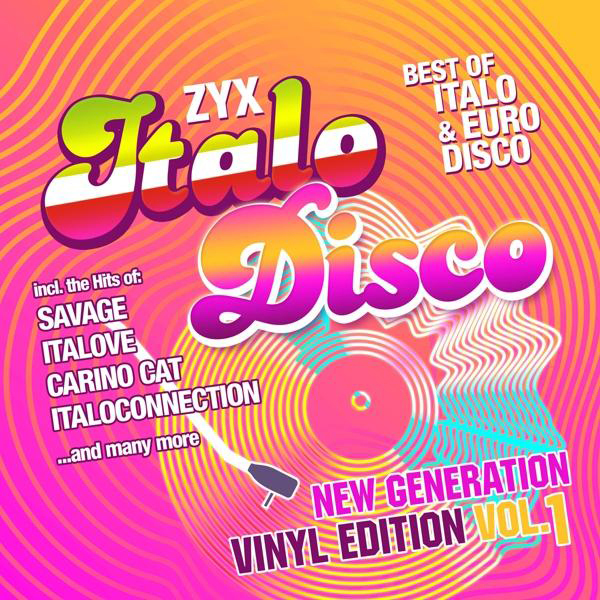 Albumcover: Italo-Disco-Compilation mit farbenfrohem Text und Vinyl-Grafik. Best of Italo & Euro Disco.
