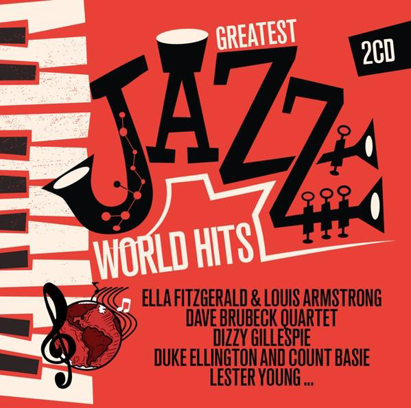 Rotes Albumcover mit dem Titel 'Greatest Jazz World Hits' und Namen von Jazzmusikern. Mit 2CD-Label.