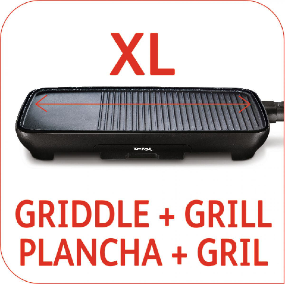 Schwarze Grillplatte mit rotem Text "Griddle + Grill". XL-Größe.