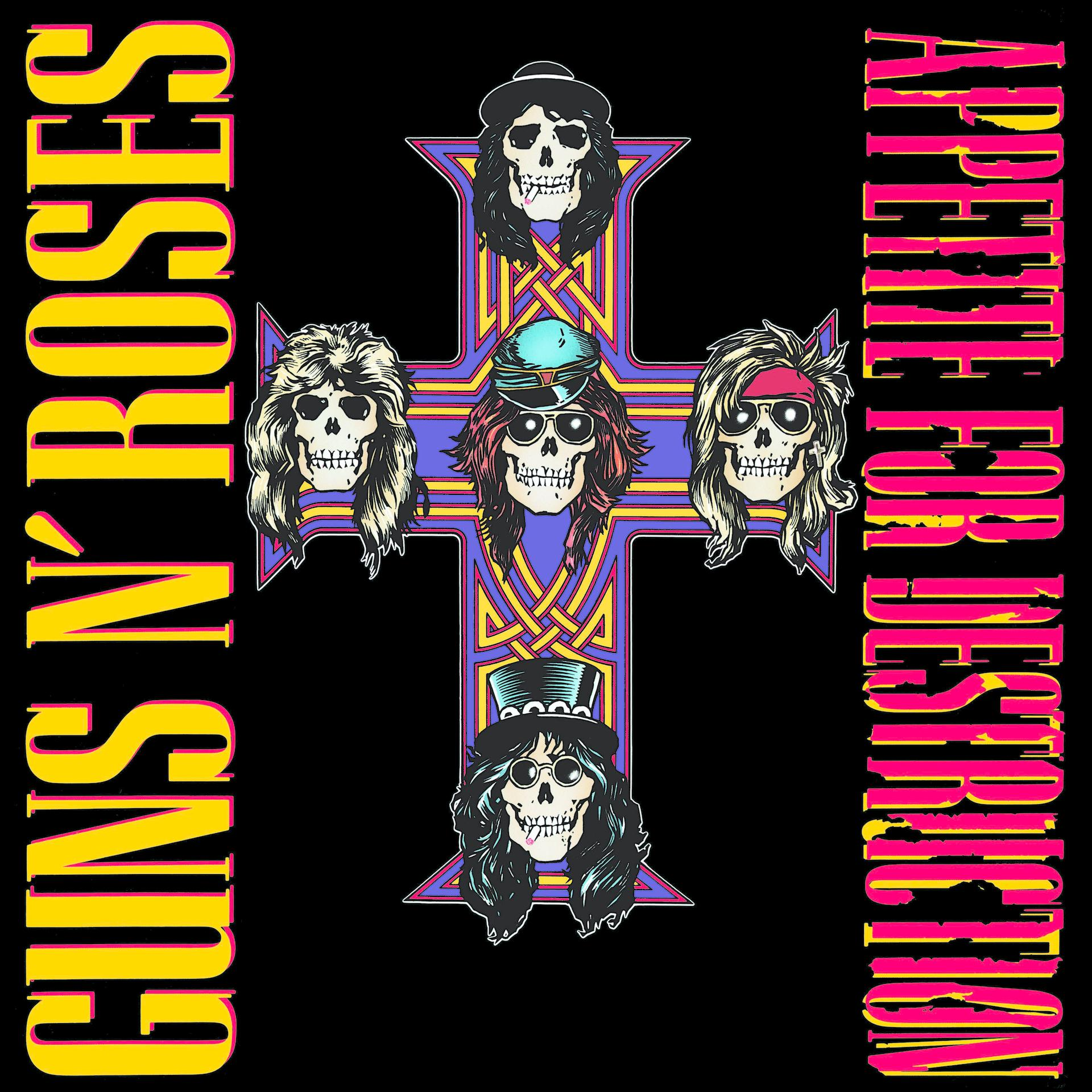 Albumcover: Guns N' Roses Logo, Kreuz mit Totenkopf-Gesichtern. Text: Appetite for Destruction.