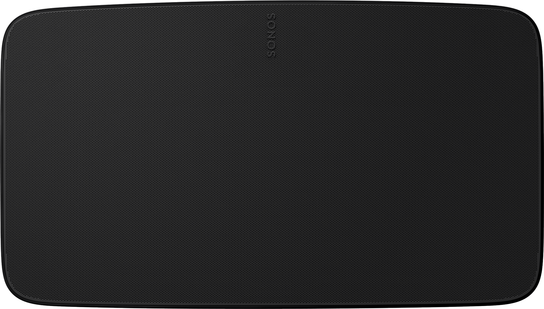 Un altoparlante Sonos nero con superficie a rete, con logo Sonos.