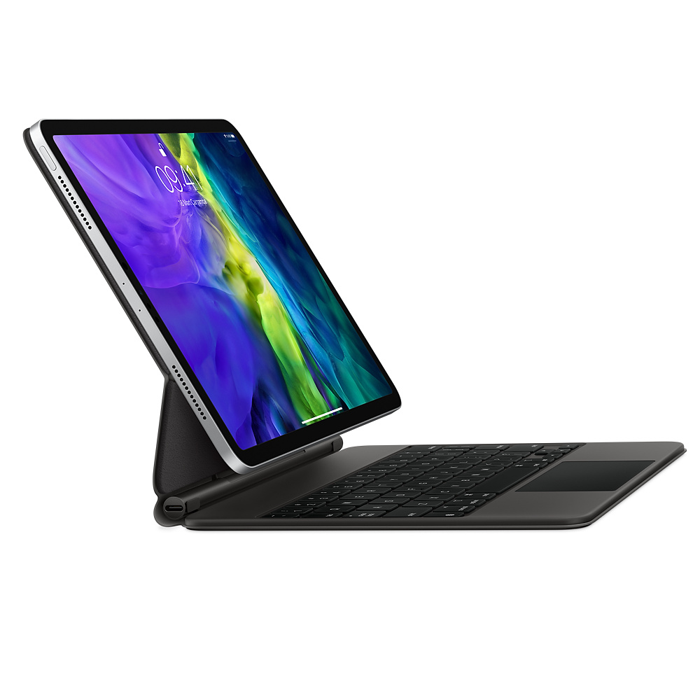 Klavyeli kılıf ile bir Apple iPad Pro. Ekran renkli bir görüntü görüntüler.