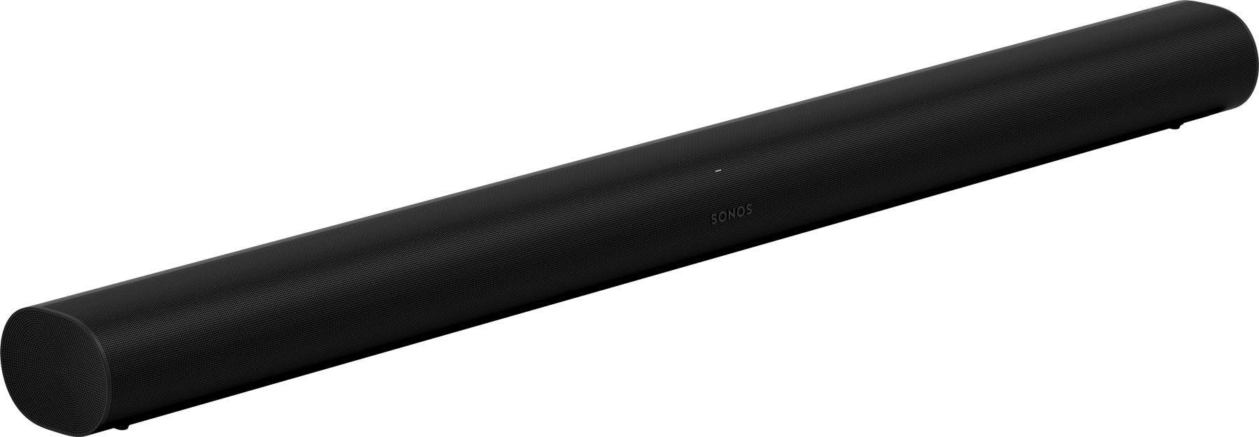 Eine schwarze Soundbar mit dem Wort SONOS darauf, isoliert auf Weiß.