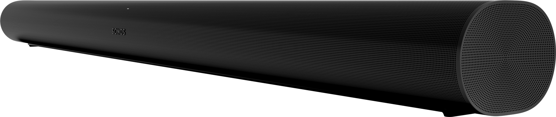Eine schwarze Sonos Soundbar. Der Lautsprecher hat eine zylindrische Form und eine schwarze Mesh-Abdeckung.