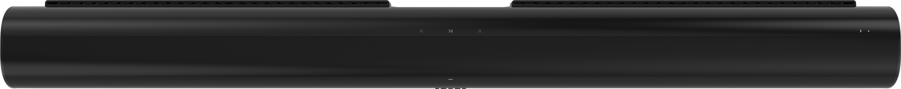 Eine schwarze Soundbar mit einem Mesh-Front, isoliert auf weißem Hintergrund.